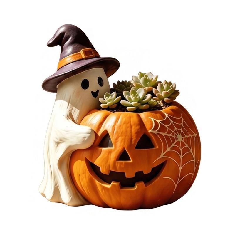 Resin Pumpkin Shape Planter Decorative Pen Cup Container for Halloween Party Decoration Tabletop, Shelf Display