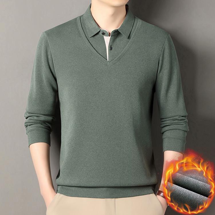 Men s Faux Two-Piece Wool-Blend Long-Sleeve Casual T-Shirt with Flannel Collar L