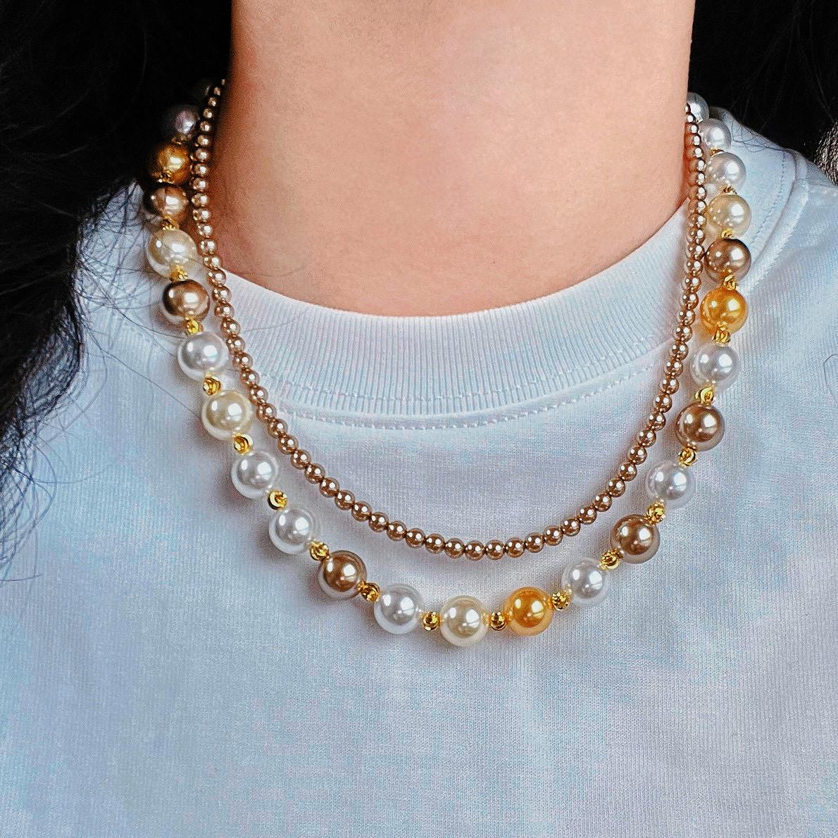 10Mm Maillard Mixed Color Shijia Pearl Double Layer Design Sweater Chain Necklace Collarbone Chain