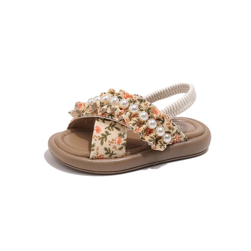 

Girls Sandals Open Toes Floral Sweet Kids Beach Shoes Pearls Cute Slip-on 2025 Summer New Kids Princess Shoes Soft Ins Trendy 23 жёлтый