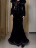 Retro Fur Trim Patchwork Bodycon Coat & Velvet Long Skirt Set - Elegant, Warm, Autumn/Winter Fashion.