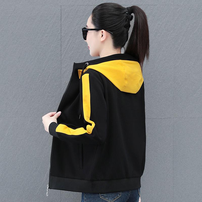 

Женская куртка с капюшоном весна-осень 2025: Легкий модный спортивный кардиган-свитер для мам. L (48-55 kg) чёрный