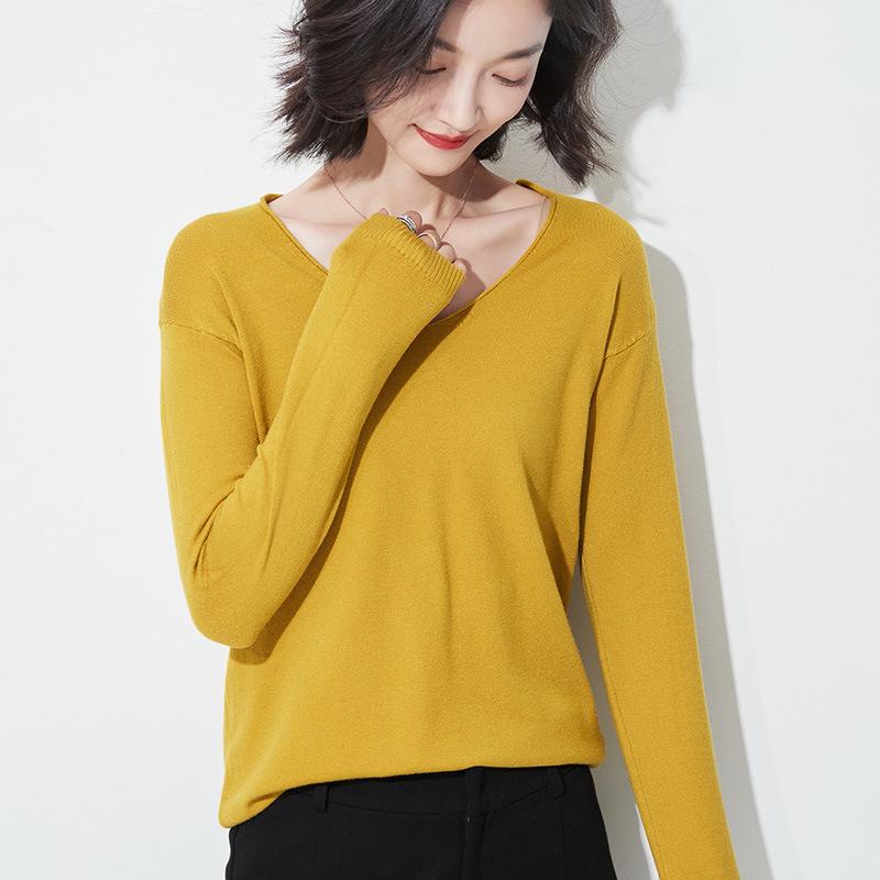 Autumn/Winter Women's Wool Sweater: Round & V-Neck, Rolled Edge, Long Sleeve, Thin Knit Top