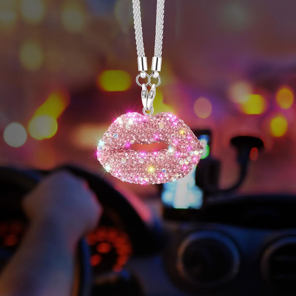 Bling Lip Diamond Crystal Rear View Mirror Charm Car Interior Decoration Pendant Fashionable Rear Mirror Charm for Women