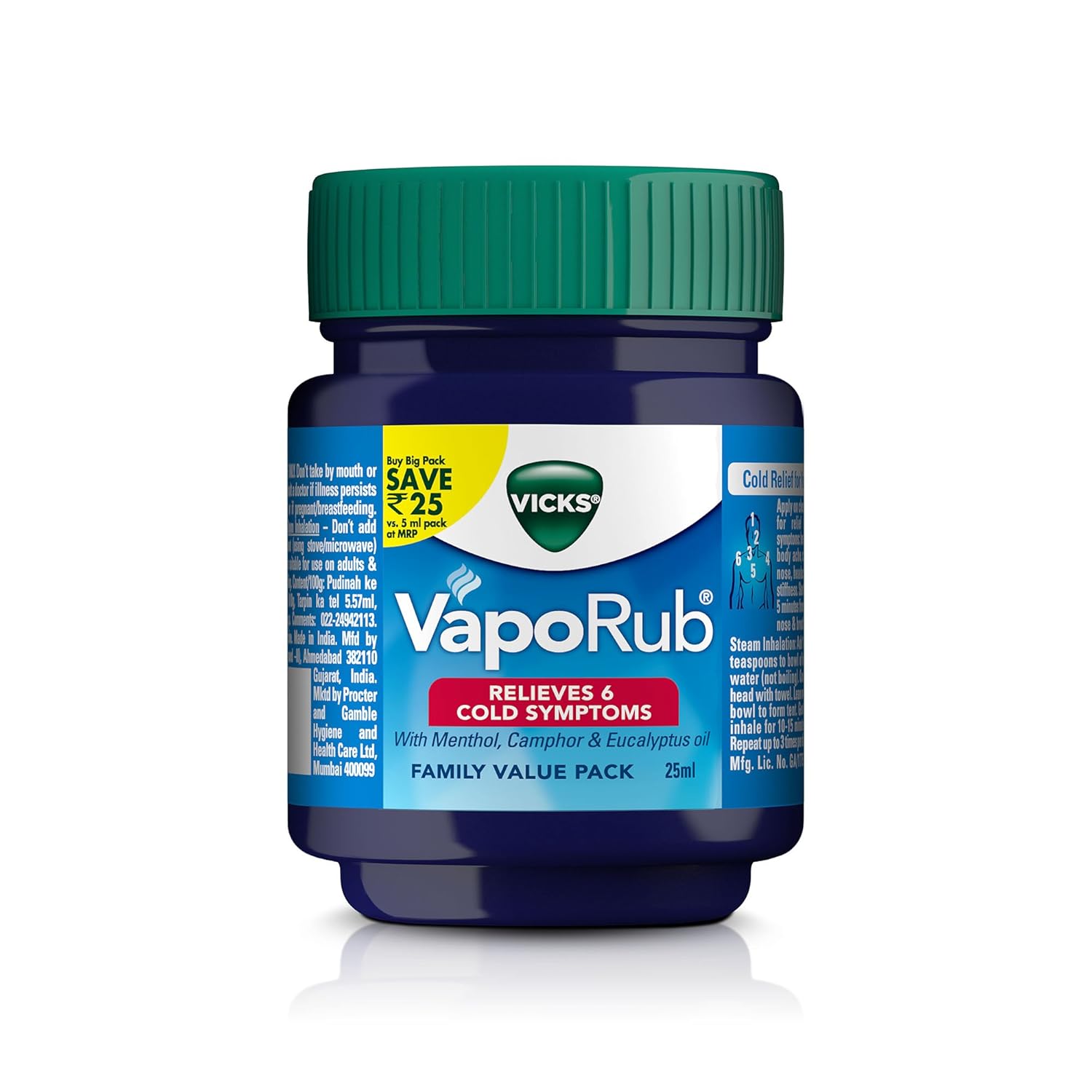 Vicks Vaporub 25 мл Упаковка 1 Успокаивающий бальзам для груди, горла и спины для облегчения простуды и паровой ингаляции