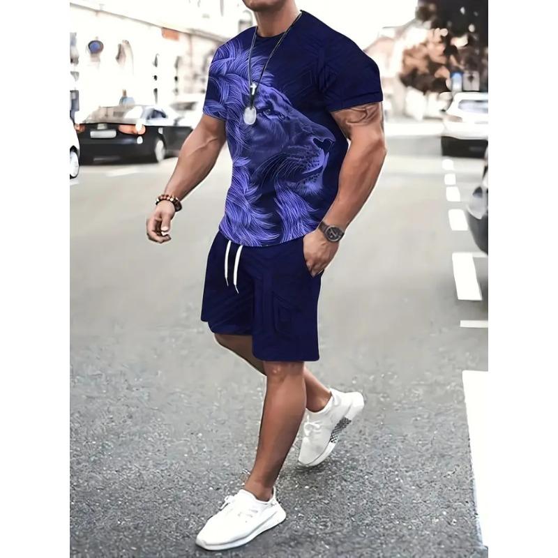 3D Wolf Print Blue Base Summer Men Short Sleeve Suit Short Sleeve Shorts 2 Pieces Casual Fashion Street Clothing