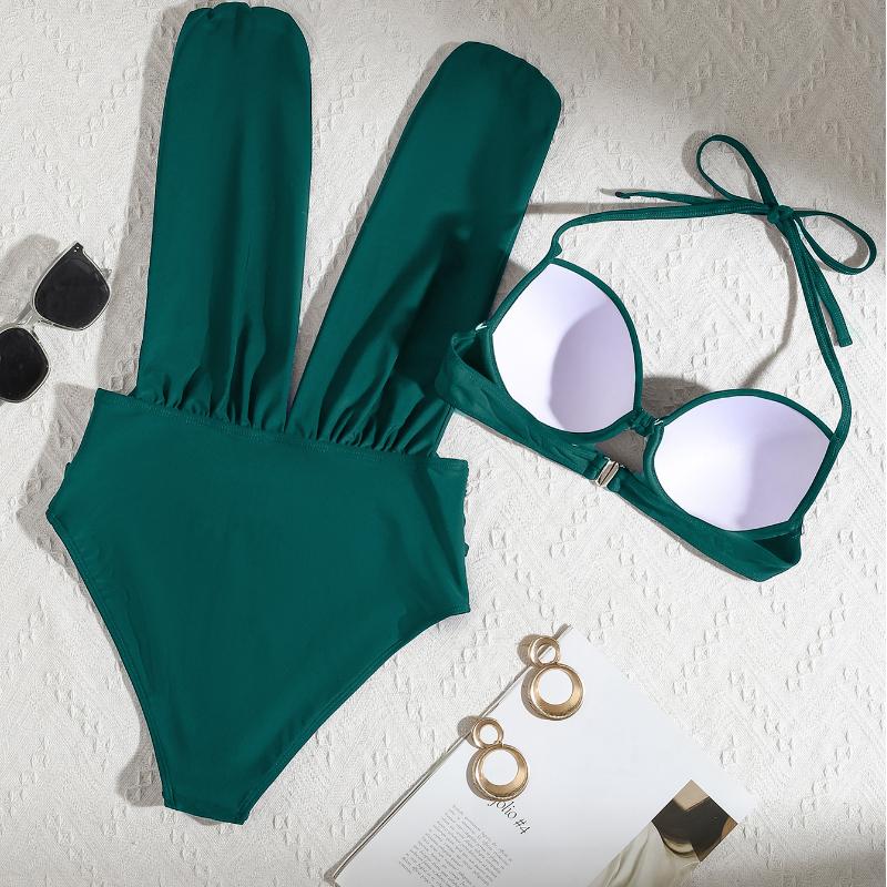 Women's Swimsuit Solid Color Deep V Hard Cup Backless Halter Neck Bikini Split Set Beachwear Bathing Suits