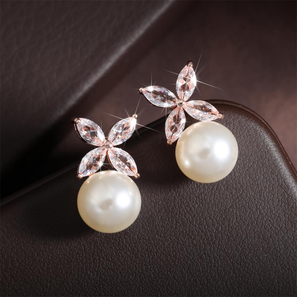 ZAKOL 2 Pcs Simple Marquise Zircon Pearl Stud Earrings Necklace Jewelry Sets for Women Charm Jewelry Gift