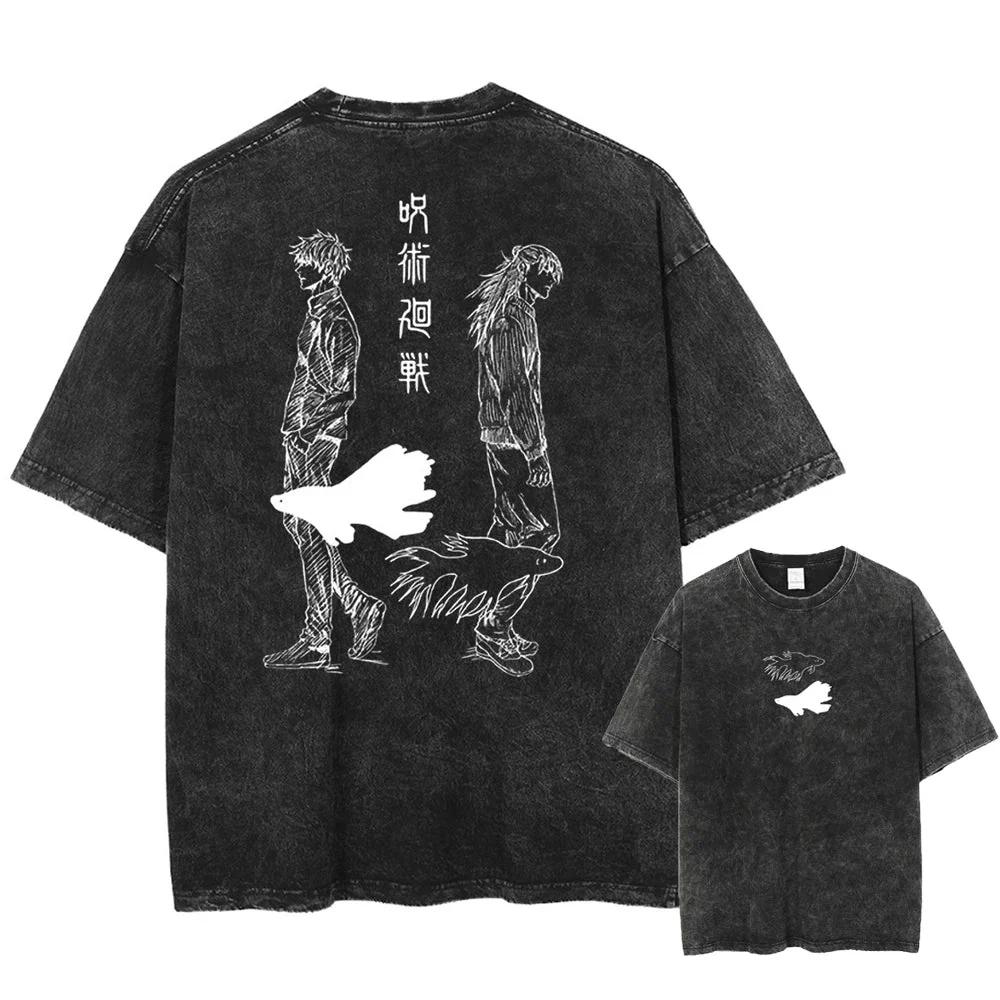 

Jujutsu Kaisen T Shirt Set Men Vintage Washed Cotton Short Sleeve Tops Summer Anime Graphic Tees Double Character Back S