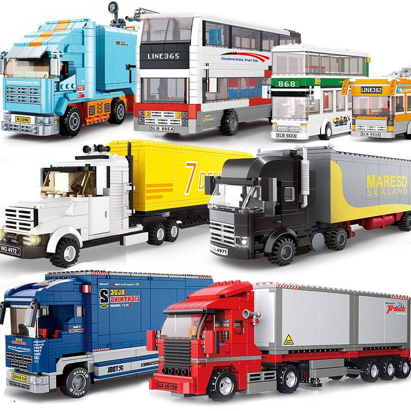 School Bus Truck Building Blocks City Vehicle Friends Wagon Lorry Cargo Van Race Car Transporter Models Sets Construction Toys