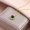 New Vintage Luxury Green Zircon Crystal Pendant Stainless Steel Necklaces For Women Trendy Retro Female Clavicle Chain Jewelry