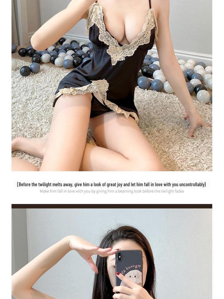 Alluring Ice Silk Lace Nightdress - Backless, Slit Design with Suspender Straps for Enhanced Elegance