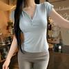 Women's V Neck Short Sleeve T Shirt Slim Fit Vintage Half Button Solid Color Y2K Casual Daily Base Blouse