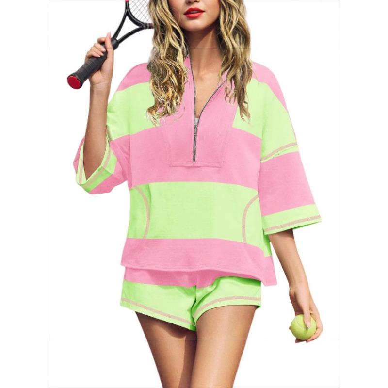 Schwarz-Weiß Colorblock Halbreißverschluss 3/4 Ärmel Oberteil & Shorts 2-teiliges Set