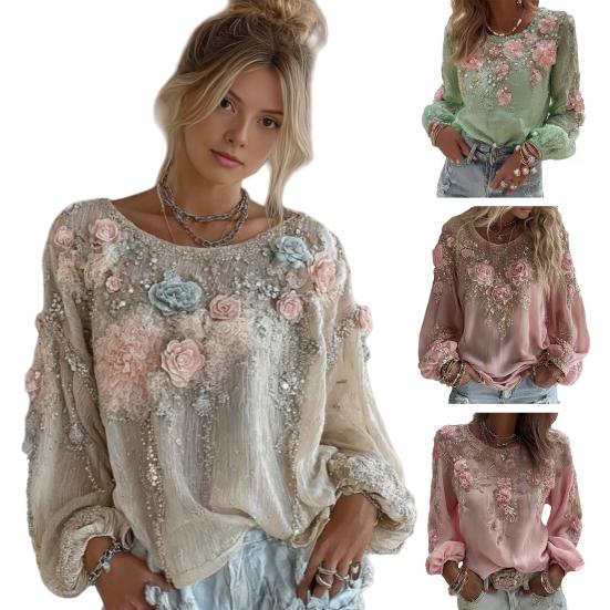 Women Tops Round Neck Long Sleeve Loose Fit Tee Shirt 3D Flower Printing Faux Pearls Decor Pullover Tops Casual Office Wear