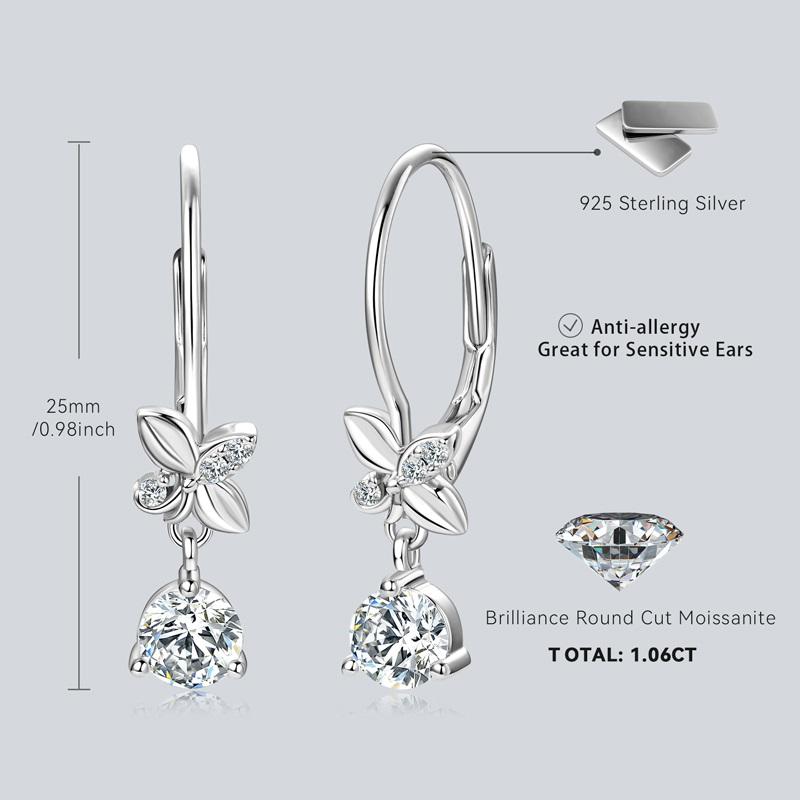 Trend Real 925 Silver 5mm Round Moissanite Drop Clip Earrings for Women Four-leaf Clover Valentine Wedding Jewelry Gift