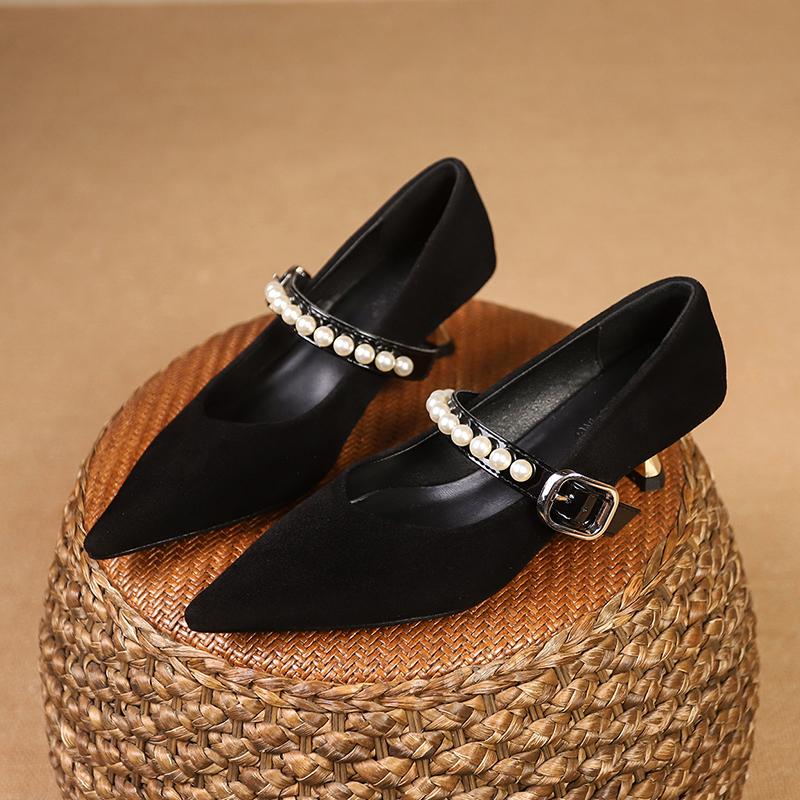Fashion Women's Slim Heel Shoes Spring New Point Shallow Mouth Suede Beaded Metal Buckle Non-slip High Heels