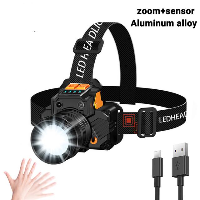 

Супер яркий светодиодный налобный фонарь, портативный фонарик для рыбалки, датчик ZOOM, перезаряжаемый уличный водонепроницаемый налобный фонарь для кемпинга и охоты