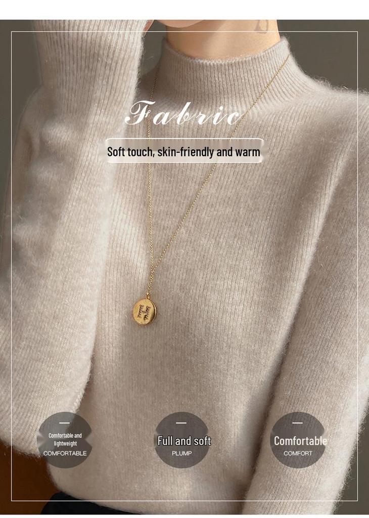 Women's Slim Fit Wool Sweater - Half-High Neck, Long Sleeve, Warm Autumn Winter Knit Base Layer