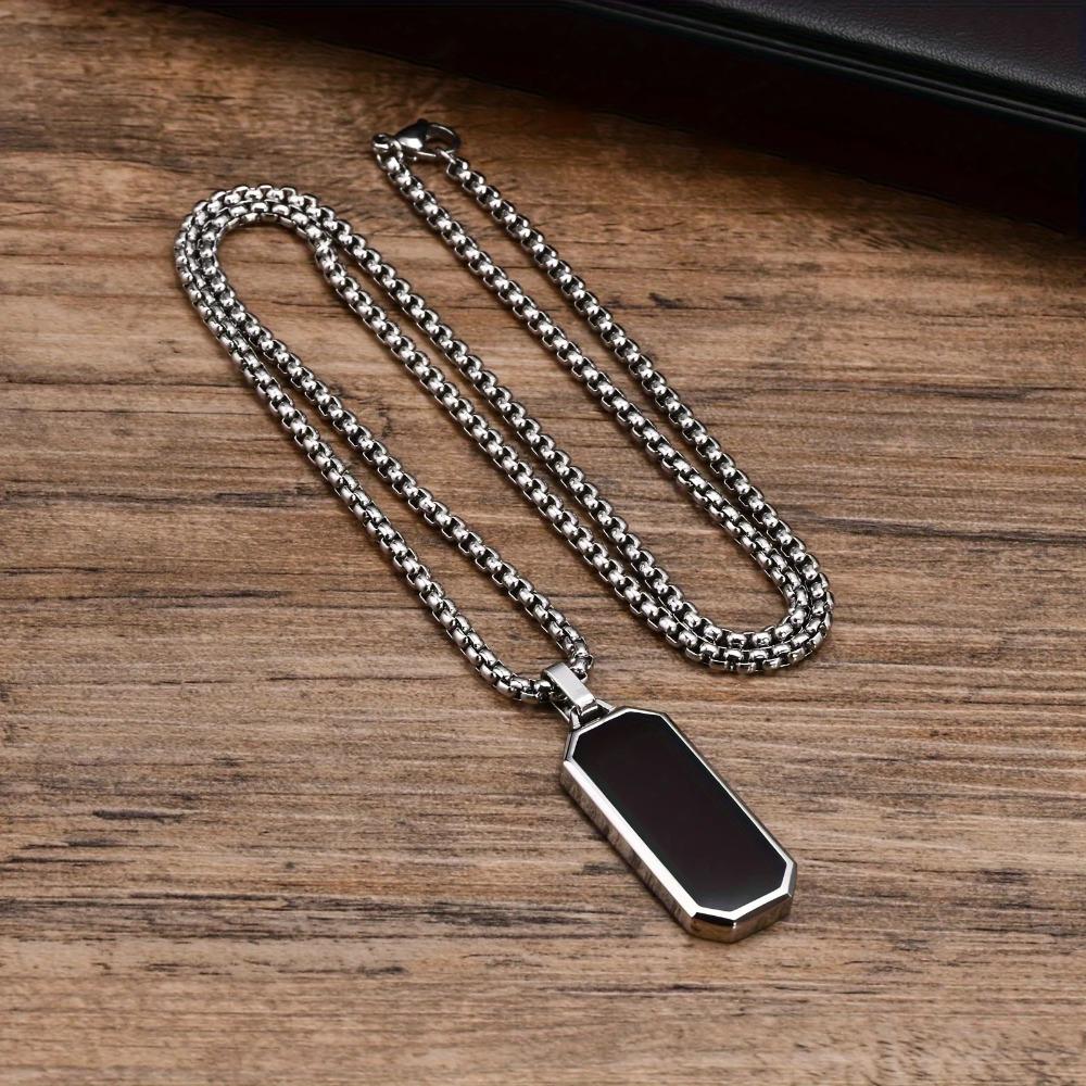 Elegant Men's Stainless Steel Necklace with Sleek Black Pendant - Geometric Design, Non-Magnetic