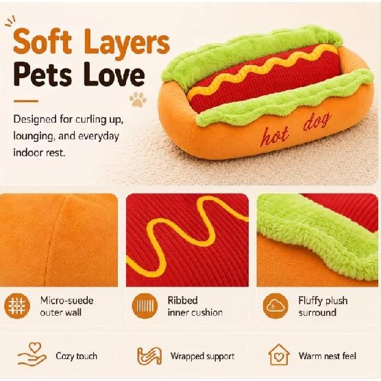 Hot Dog Pet Bed For Dachshund Cat Plush Removable Washable Pet Beds Soft Corduroy Non-Slip Bottom Pet Bed For Puppies Small Pets
