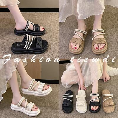 Oberbekleidung Perlenplissierte Muffin-Slipper Damen Sommer Strand Dicke Sohle Ein Wort Schlappen Zwei Tragevarianten Sandalen Slipper Damen Jugendliche Damenschuhe