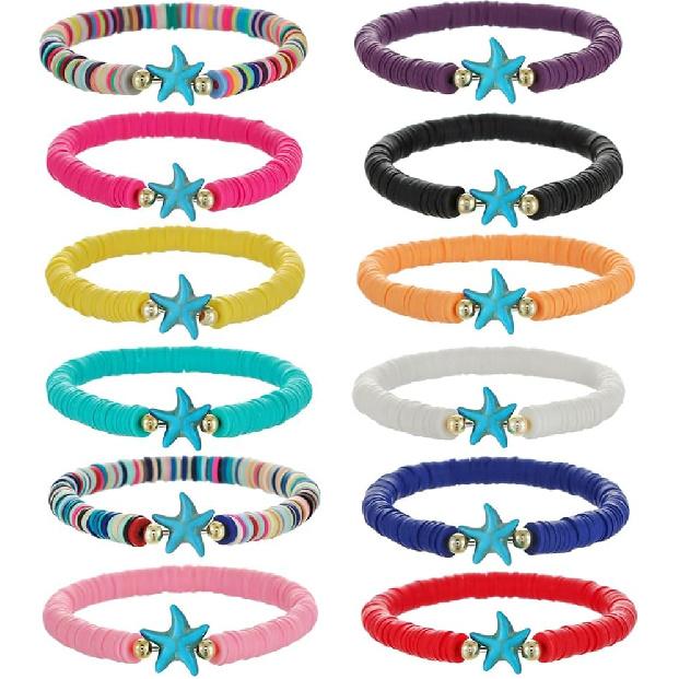12pcs Friendship Bracelets Beaded Bracelets Heishi Bracelet Cute Bracelets Stack Vinyl Clay Disc Bead Surfer Stretch Summer Beach Bracelets For Women