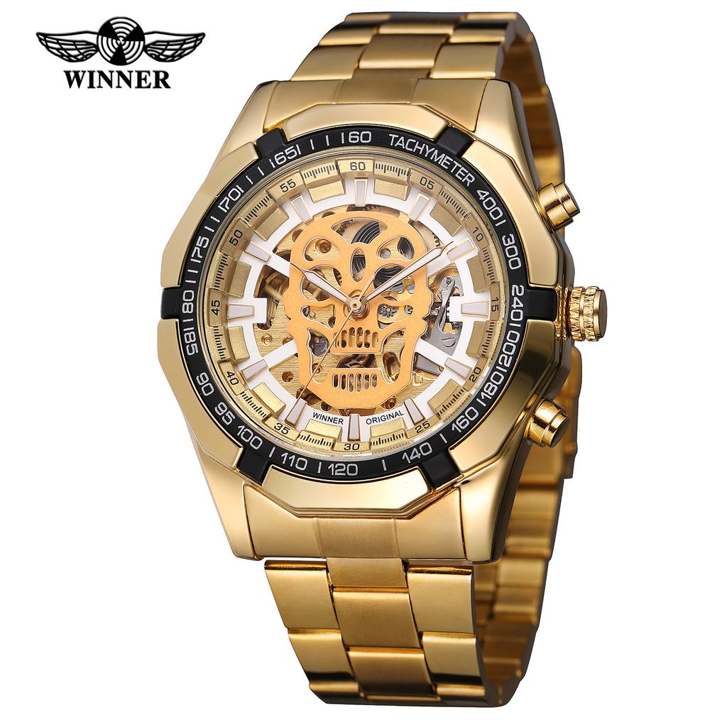 ZWYCIĘZCA Moda męska i czas wolny Luminous Skull Hollow Automatyczny zegarek mechaniczny