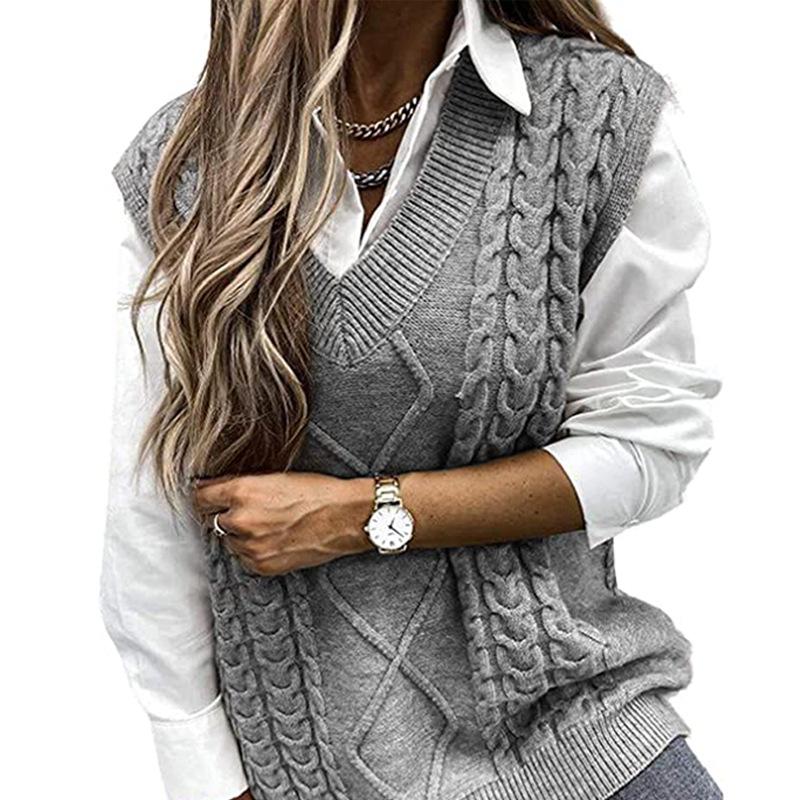 Nuovo maglione autunno/inverno da donna, gilet largo alla moda, maglione a trecce senza maniche con scollo a V ampio, stile europeo e americano