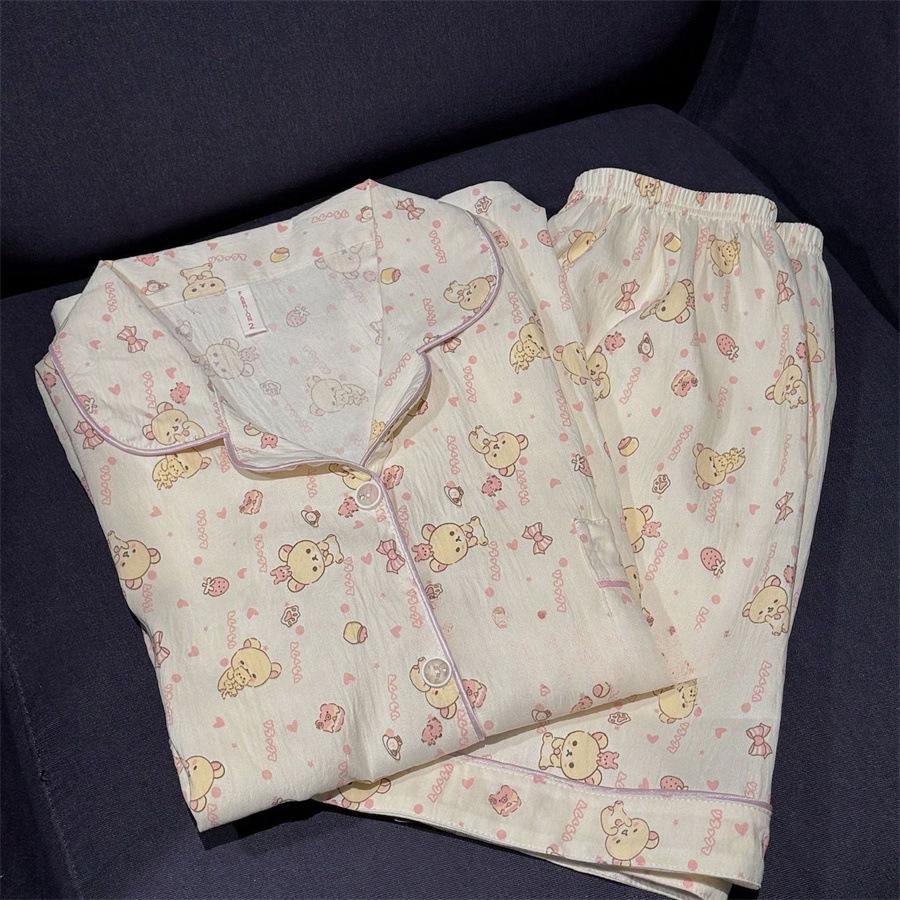 

Summer new full print relaxed bear pajamas women s short-sleeved shorts ins style set can be worn outside loungewear two-piece set XXL