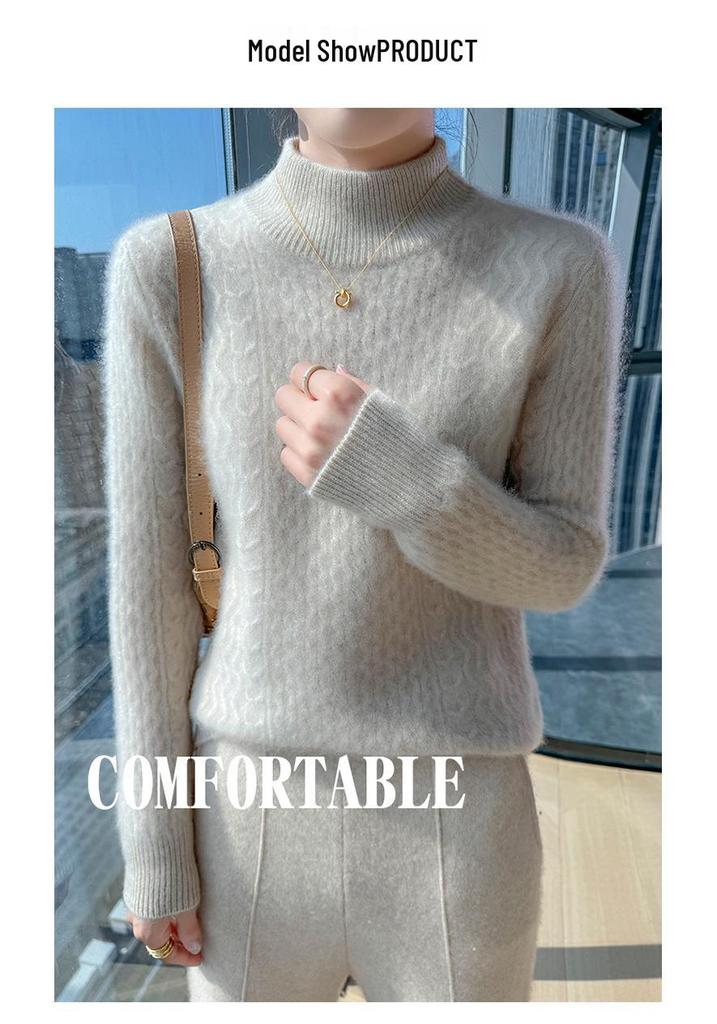 Women's Loose Cable Knit Cashmere Sweater - Double-Ply Wool, Double-Layer Collar, Base Layer for Autumn/Winter