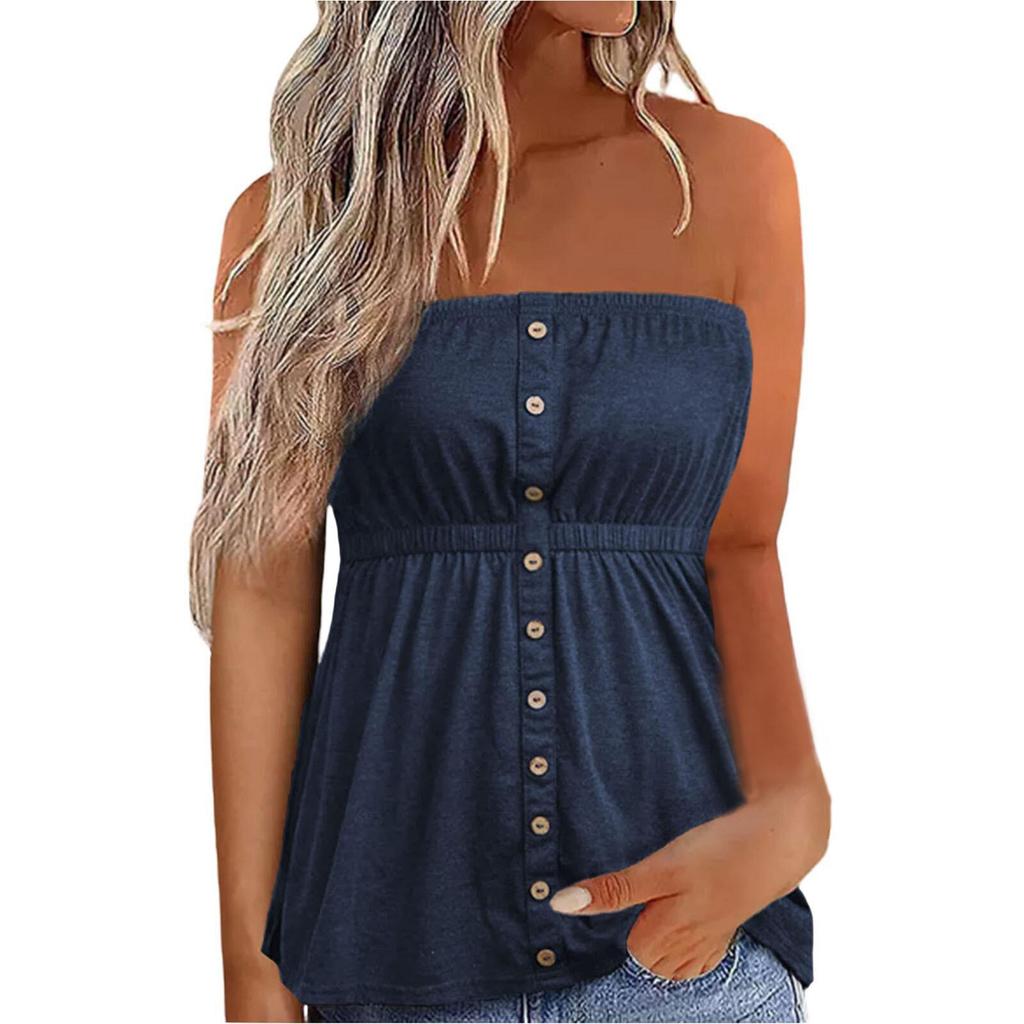 Women's Solid Color Sexy Off-the-shoulder Slim-fit Pullover Sleeveless Button Decoration Top