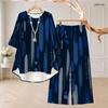 Women Plus Size Dark Blue Printed Two Piece Set Round Neck Half Sleeve High Low Top Wide Leg Pants