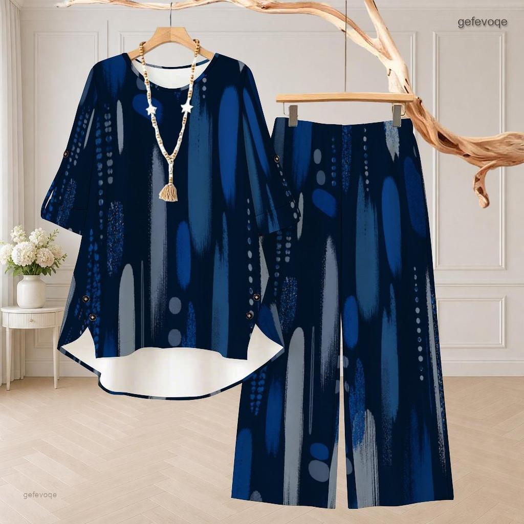 Women Plus Size Dark Blue Printed Two Piece Set Round Neck Half Sleeve High Low Top Wide Leg Pants