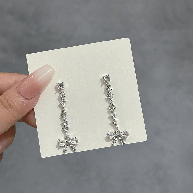 

Сережки-довгі з бахромою, прикрашені діамантами, з бантом, у стилі світської розкоші, Надзвичайно блискучі, вишукані сережки-гвоздики з мікроінкрустацією, Ювелірні вироби