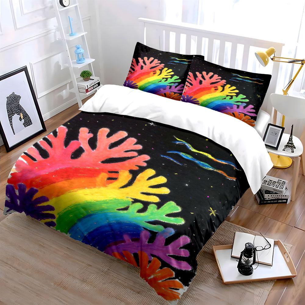 Rainbow coral, starry background. Bedding sets Duvet cover sets Duvet covers Pillowcases(1 * Duvet Cover 2 * Pillowcases without duvet insert)