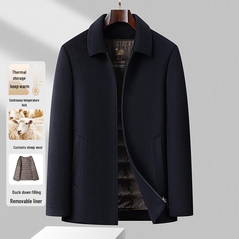 Men's Luxurious Double-Faced Wool Jacket with Lapel and Detachable Down Liner, Ideal for Business Executives.