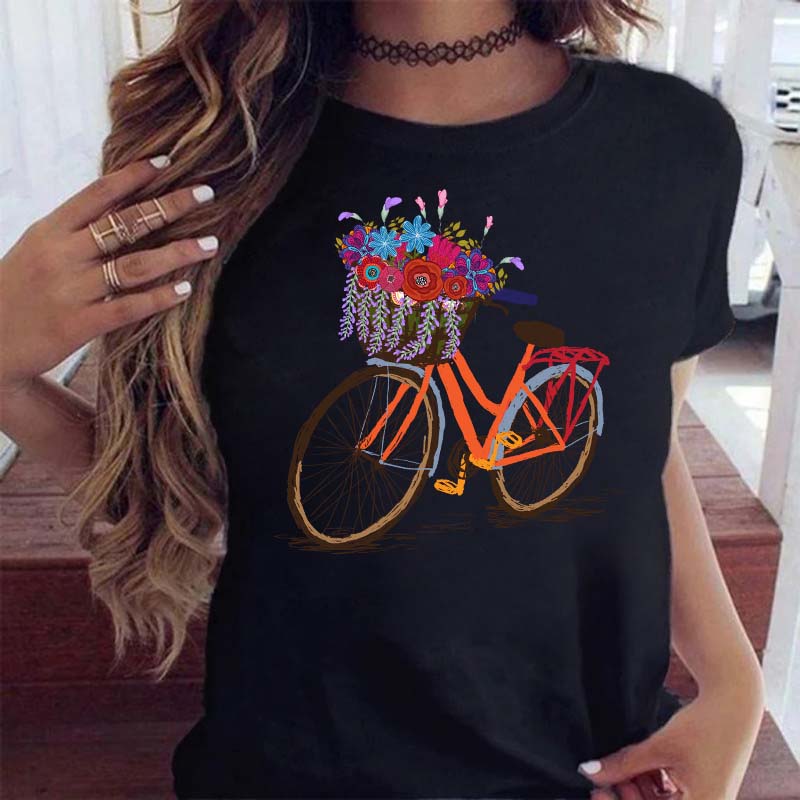 Woman Funny Bicycle Floral Print T Shirt Harajuku Women Tshirts Casual O-Neck Short Sleeves Tops Tees Shirt,Drop Shipping