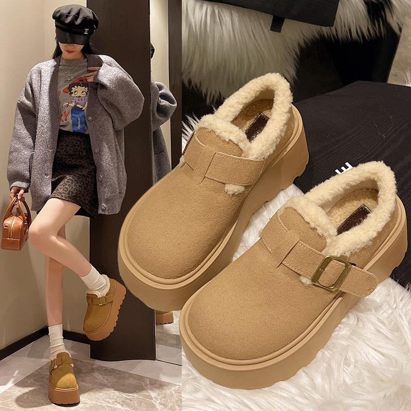 Ретро ленивые туфли-ботинки на одной педали женские зимние новые туфли-бобы с волосами теплые на толстой подошве на танкетке бархатные хлопковые 35 имбирный 3827₽