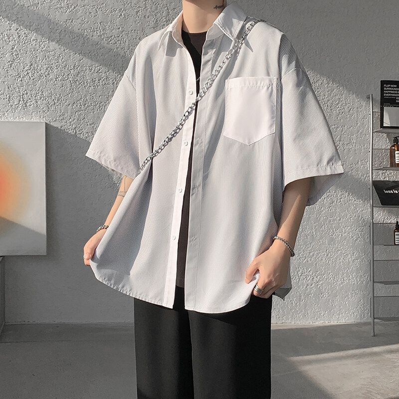 Contrasting Colors Striped Shirts Men's Clothing Stylish Patchwork Summer Turn-down Collar Loose All-match Short Sleeve Shirts
