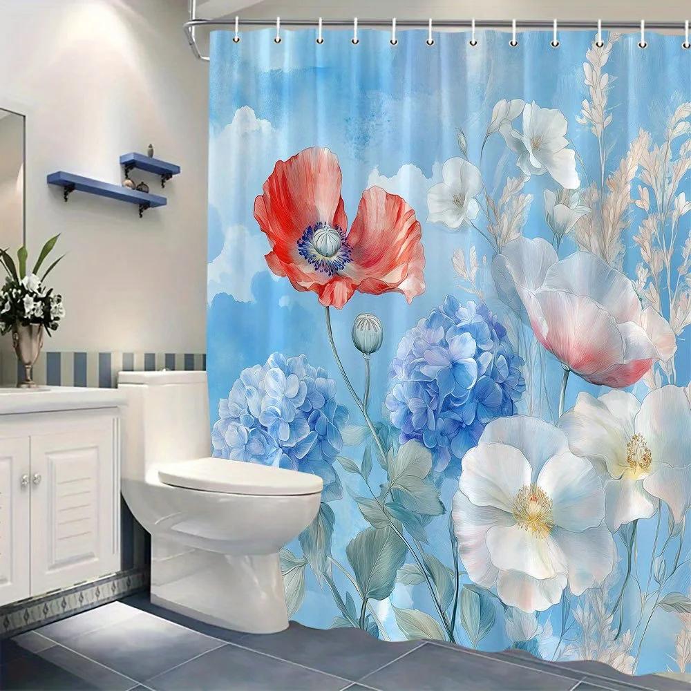 Watercolor Floral Curtain - Red Poppies, White Peonies, Blue Hydrangeas On Sky-Blue, Velvety Petals, Realistic Design, Polyester