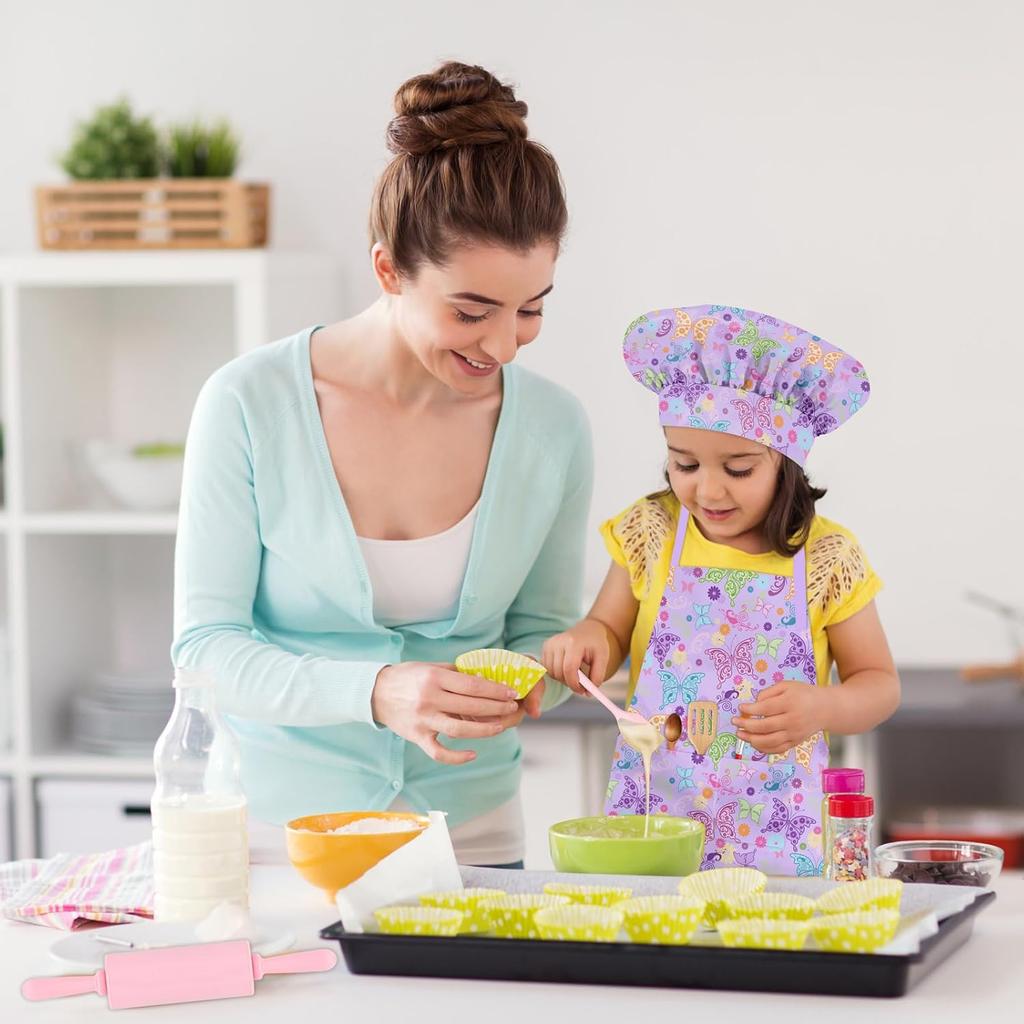 Kids Chef Hat and Apron Set with 2 Large Pockets Girls Boys Adjustable Chef Costume Kids Aprons for Cooking Baking