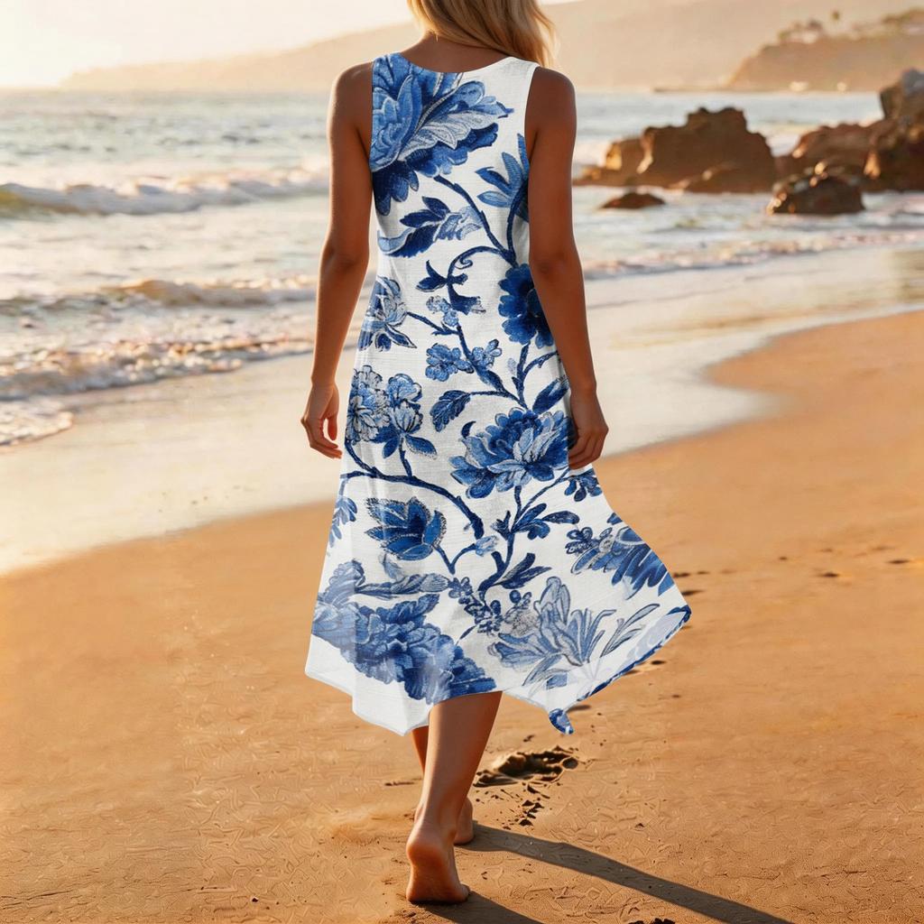 Women Sleeveless Floral Print Dress Casual Round Neck Irregular Hem Mid Length Summer Dress