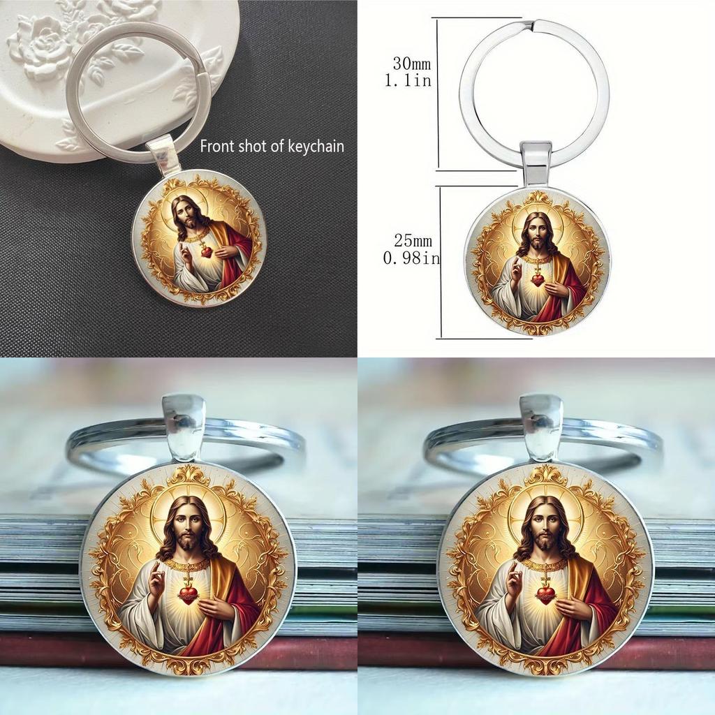 Contemporary Heart Jesus Pendant Glass Keyring With Alloy Material For Celebration And Holiday Gifts