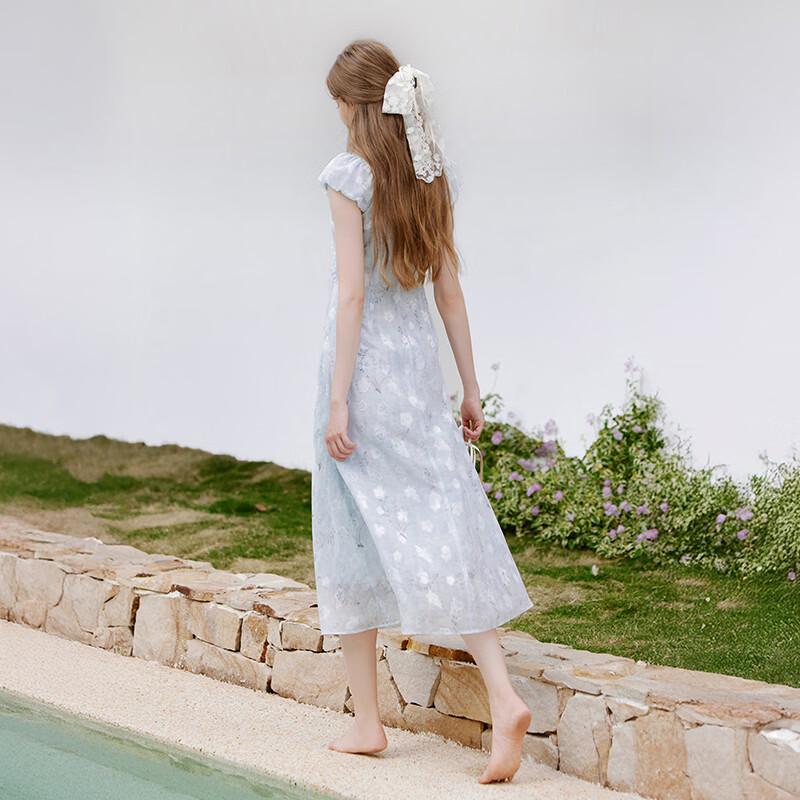 Xiangying Women's French Style Blue Tie-dye Floral Puff Sleeve Midi Dress