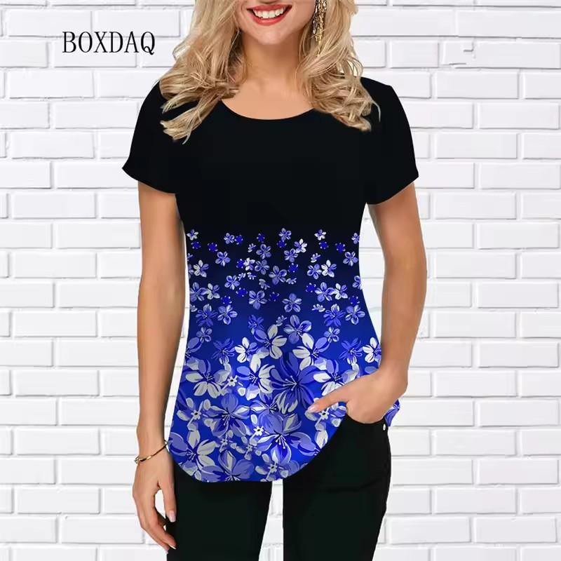 Květinová dámská trička Letní krátký rukáv Kulatý výstřih Ležérní dámské tričko Květinový 3D potisk Streetwear Dámské topy Trička Oversized
