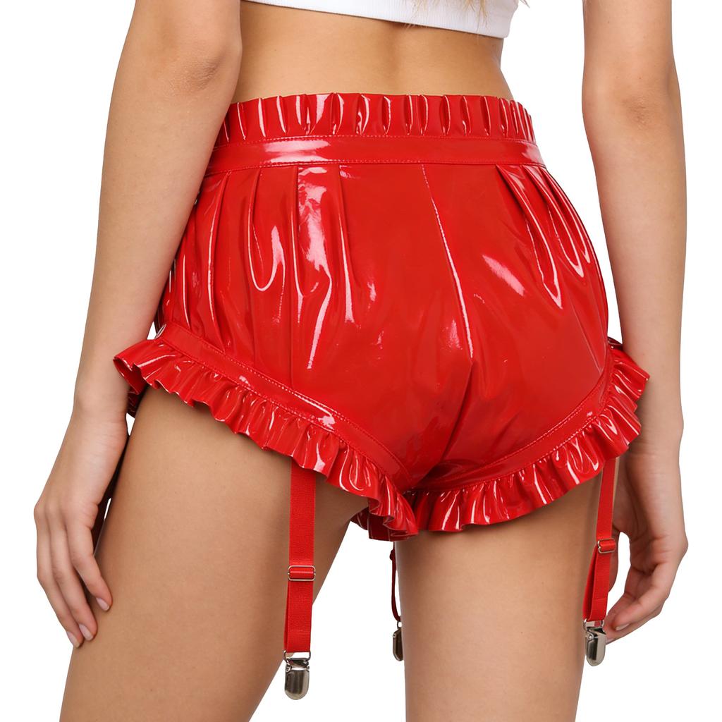 Women's Wet Look PU Leather Briefs S-3XL: Ruffled Trim Ruched Bloomer Shorts with Garter Clips Glossy Nightwear for Nightclub Rave Party