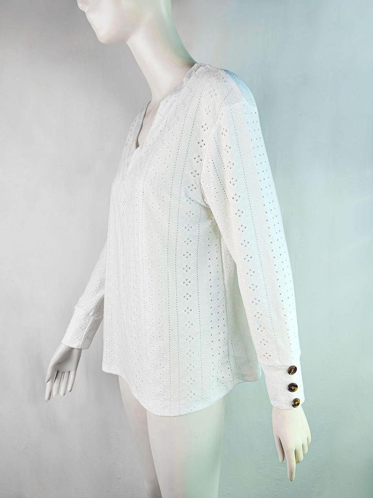 2024 Trendy European & American Women's Hollow V-Neck Drop Shoulder Long Sleeve Button T-Shirt