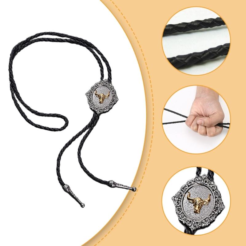 Handmade Jewelry Bolo Tie Western Cowboy Artificial Leather Rope Necktie with Vintage Cow Horse Badge Pendant Necklace