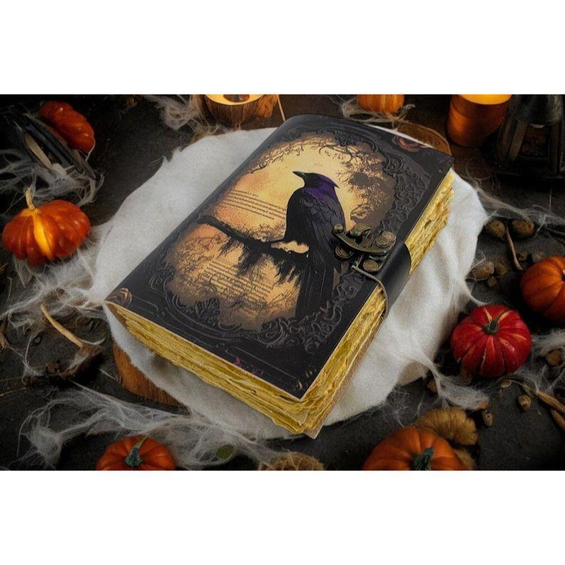 Leather Journal Gothic Notebook The Raven Grimoire Print - Vintage Handamde Journal Book of Shadows Witchcrafts Journal Gifts for Men,